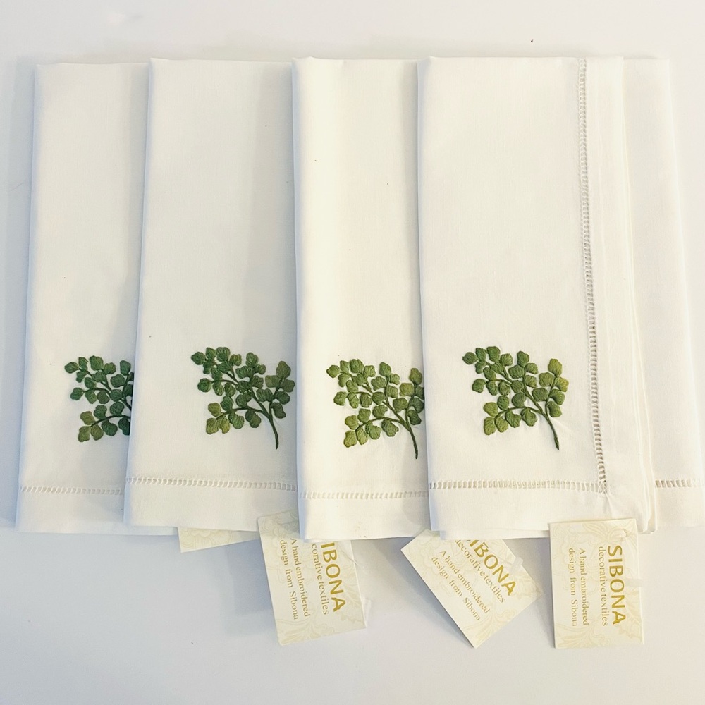 Sibona Herb Hand Embroidered Cotton Napkins Set 4 White Green